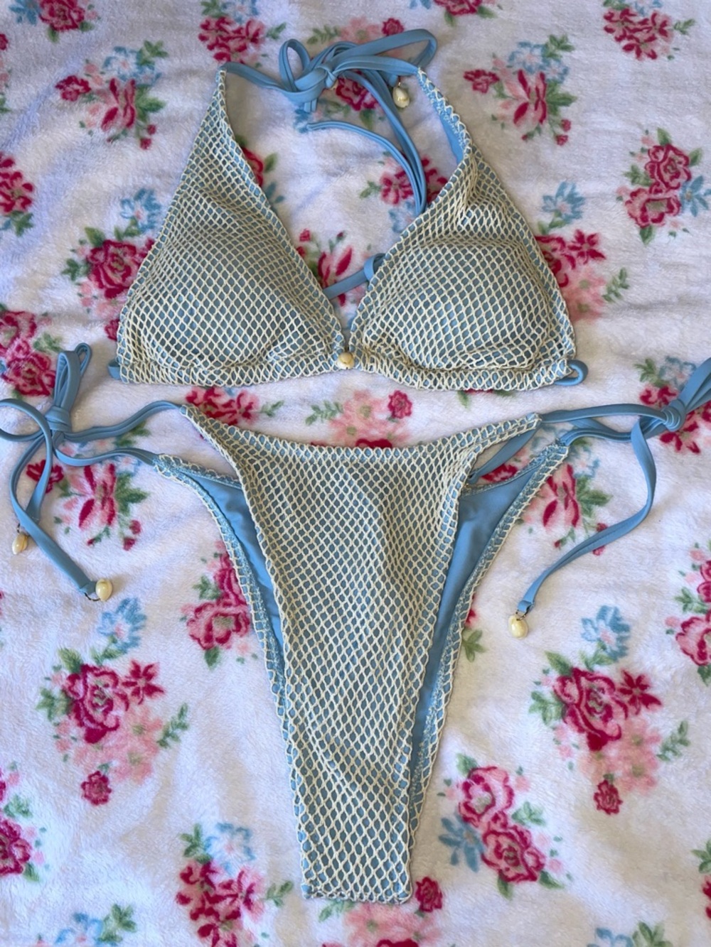Light Blue Mesh Overlay Tie-Side Bikini Set Medium Has A FLAW